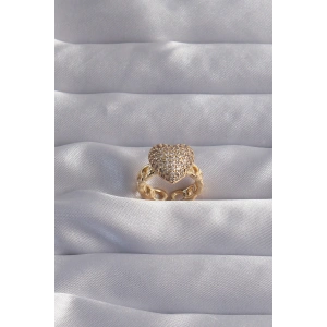 Erb Pirinç Ayarlamalı Gold Renk Zirkon Taşlı Bombeli Kalp Yüzük