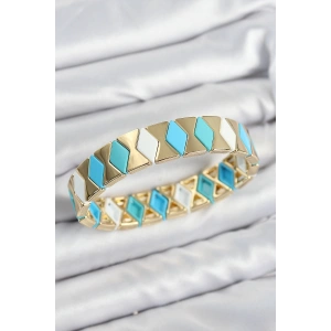 Erb Pirinç Baklava Desenli Mavi Beyaz Gold Renk Lastikli Kadın Bileklik