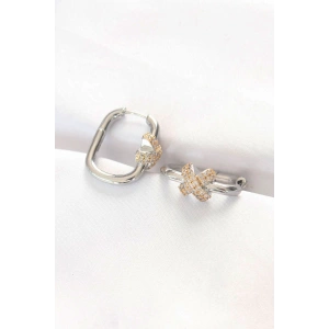 Erb Pirinç Çift Renk Taşlı X Tasarımlı Dikdörtgen Küpe