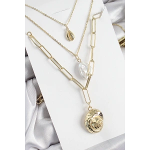 Erb Pirinç Çoklu Zincirli İncili Deniz Kabuğu Model Gold Renk Kadın Kolye