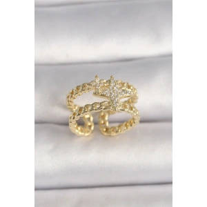 Erb Pirinç Gold Renk 2'Li Zincir Zirkon Taşlı Yıldız Figür Kadın Yüzük