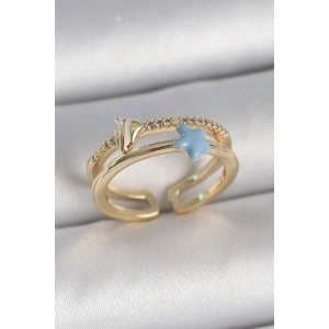 Erb Pirinç Gold Renk 2'Li Zirkon Taşlı Mavi Yıldız Figür Ayarlanabilir Kadın Yüzük