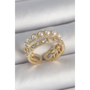 Erb Pirinç Gold Renk 2'Li Zirkon Taşlı Ve İncili Ayarlanabilir Kadın Yüzük