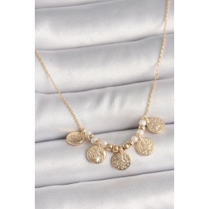 Erb Pirinç Gold Renk 5'Li Osmanlı Tuğra Figür İnci Detay Kadın Kolye