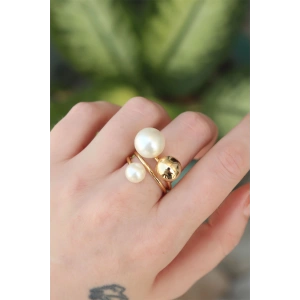 Erb Pirinç Gold Renk Ayarlanabilir İnci Taşlı Yüzük