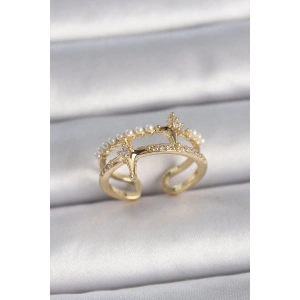 Erb Pirinç Gold Renk Ayarlanabilir Zirkon Taşlı İncili Yıldız Model Kadın Yüzük