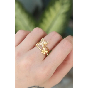Erb Pirinç Gold Renk Ayarlanabilir Zirkon Taşlı Kelebek Yüzük