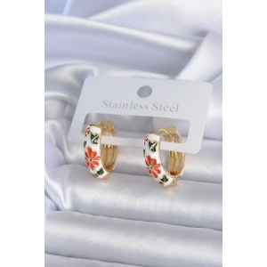 Erb Pirinç Gold Renk Beyaz Renk Çiçek İşleme Detay Kadın Küpe