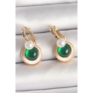 Erb Pirinç Gold Renk Beyaz Yeşil Sallantı Mineli Kadın Küpe