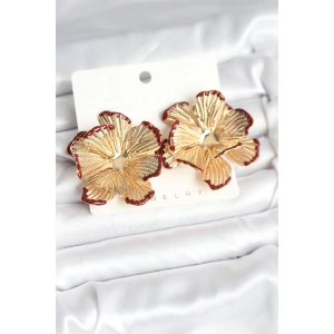 Erb Pirinç Gold Renk Bordo Renk Detaylı Lotus Kadın Küpe