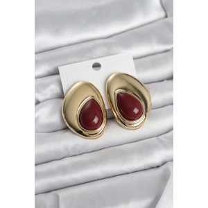 Erb Pirinç Gold Renk Bordo Taşlı Damla Model Vintage Kadın Küpe