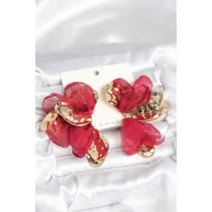 Erb Pirinç Gold Renk Bordo Tüllü Lotus Kadın Küpe
