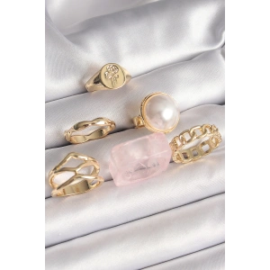 Erb Pirinç Gold Renk Daire 3D İncili Figür Zincir Model Gül İşleme Detaylı 6'Lı Kadın Yüzük Seti