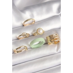 Erb Pirinç Gold Renk Düğüm Model İncili İşlemeli Plaka Model 6'Lı Kadın Yüzük Seti