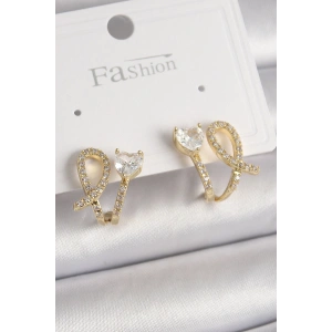 Erb Pirinç Gold Renk Düğüm Model Zirkon Taşlı Kalp Detay Kadın Küpe