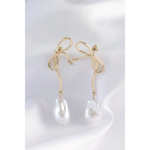 Erb Pirinç Gold Renk Fiyonk Model İnci Taşlı Uzun Küpe