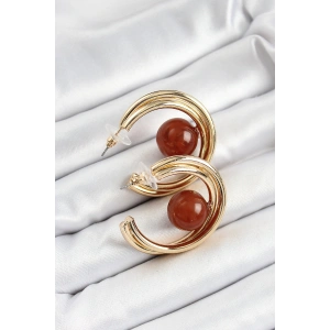 Erb Pirinç Gold Renk Halka Model Kahverengi Boncuk Detay Kadın Küpe