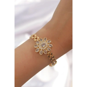 Erb Pirinç Gold Renk İri Zirkon Taşlı Çiçek Figürlü Bileklik
