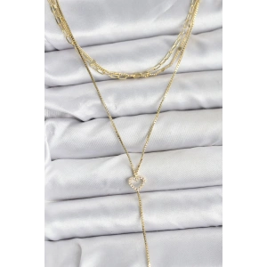 Erb Pirinç Gold Renk Kalp Detaylı 3'lü Kombin Y Kadın Kolye