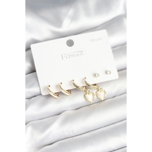 Erb Pirinç Gold Renk Kalp Detaylı 925 Ayar Gümüş Çivili Kadın Küpe Seti