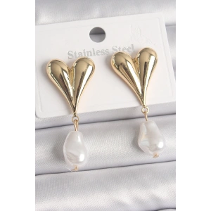 Erb Pirinç Gold Renk Kalp Model Sallantı İnci Damla Model Kadın Küpe