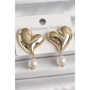 Erb Pirinç Gold Renk Kalp Model Sallantı İnci Detay Kadın Küpe