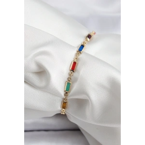 Erb Pirinç Gold Renk Karışık Renkli Kare Zirkon Taşlı Kadın Bileklik