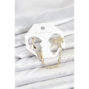 Erb Pirinç Gold Renk Kelebek Model Zincir Bağlantılı Ear Cuff Küpe Seti