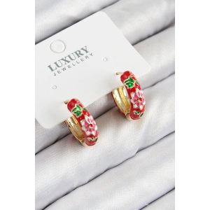 Erb Pirinç Gold Renk Kırmızı Çiçek İşleme Mineli Kadın Küpe