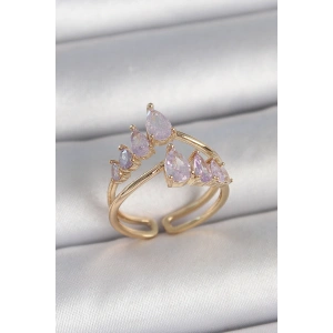 Erb Pirinç Gold Renk Mor Damla Zirkon Taşlı Taç Model Kadın Yüzük