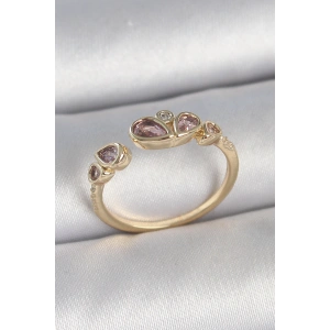 Erb Pirinç Gold Renk Pembe Damla Zirkon Taşlı Ayarlanabilir Kadın Yüzük