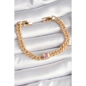 Erb Pirinç Gold Renk Pembe Kare Zirkon Taşlı VIP Seri Kadın Bileklik