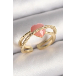Erb Pirinç Gold Renk Pembe Kristal Kalp Model Zirkon Taş Detaylı Kadın Yüzük