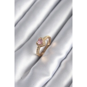 Erb Pirinç Gold Renk Pembe Zirkon Taş Kalp Charm Model Kadın Yüzük