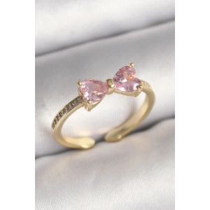 Erb Pirinç Gold Renk Pembe Zirkon Taşlı Kalp Fiyonk Model Kadın Yüzük