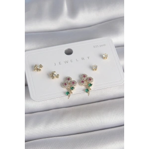 Erb Pirinç Gold Renk Renkli Zirkon Taşlı Çiçek Model Yaprak Detay 925 Ayar Gümüş Çivi Kadın Küpe Seti