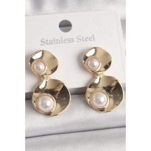 Erb Pirinç Gold Renk Sallantı İnci Detaylı Daire Plaka Model Kadın Küpe