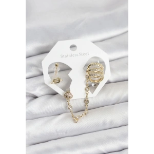 Erb Pirinç Gold Renk Sarmal Model Zincir Bağlantılı Ear Cuff Küpe Seti