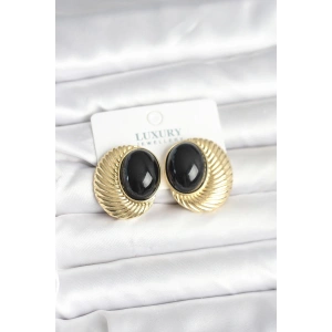 Erb Pirinç Gold Renk Siyah Boncuklu Oval Vintage Kadın Küpe