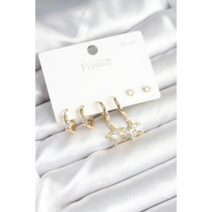 Erb Pirinç Gold Renk Yıldız Model 925 Gümüş Çivili Kadın Küpe Seti