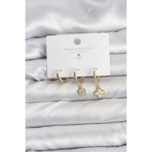 Erb Pirinç Gold Renk Yonca Model 3'lü Kadın Küpe Seti