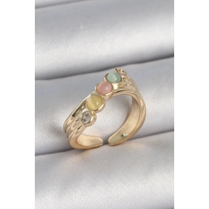 Erb Pirinç Gold Renk Zirkon Taş Detaylı Karışık Mineli Ayarlanabilir Kadın Yüzük