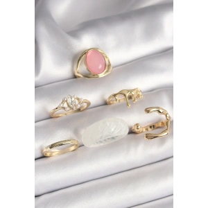 Erb Pirinç Gold Renk Zirkon Taş Detaylı Pembe Mineli 6'Lı Kadın Yüzük Seti