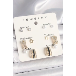 Erb Pirinç Gold Renk Zirkon Taş Yıldız Detaylı İncili 7'Li Set Kadın Küpe Seti