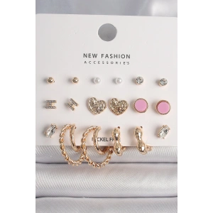 Erb Pirinç Gold Renk Zirkon Taşlı Burug Halka Model İşlemeli Kalp Detay 9 Çift Kadın Küpe Seti