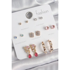 Erb Pirinç Gold Renk Zirkon Taşlı Çiçek Figür İncili Halka Figür 7 Çift Kadın Küpe Seti