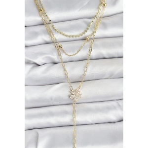 Erb Pirinç Gold Renk Zirkon Taşlı Çiçek Model Detaylı 3'lü Kombin Y Kadın Kolye