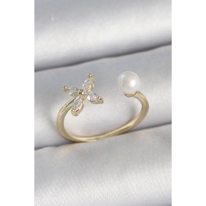 Erb Pirinç Gold Renk Zirkon Taşlı Çiçek Model İnci Detay Ayarlanabilir Kadın Yüzük