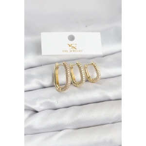 Erb Pirinç Gold Renk Zirkon Taşlı Halka Model YSX Trio Küpe Seti