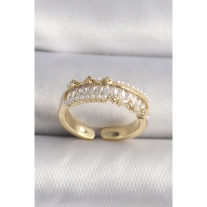 Erb Pirinç Gold Renk Zirkon Taşlı İnci Detay VIP Seri Kadın Yüzük